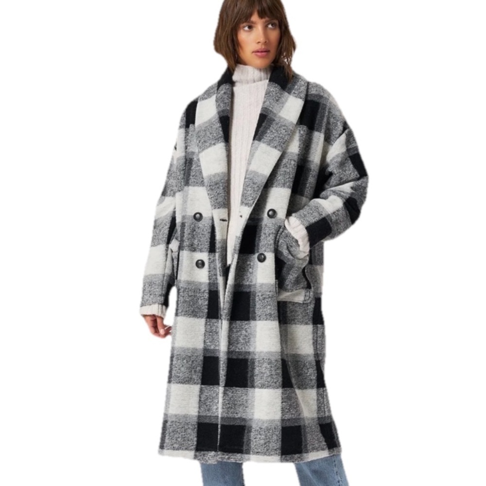 Xirena Cole Laurel Blanket Fleece Double Breasted Coat Black Ash Plaid XS